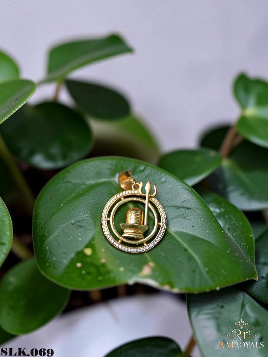 Gold Plated Shivling & Trishul Pendant Locket with CZ Stones – Spiritual Pendant for Men SLK.069