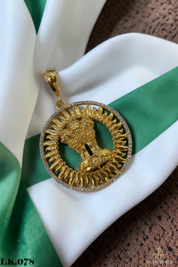 Ashoka Lion Capital Gold Plated Pendant Locket with CZ Stones Pendant for Men LK.078