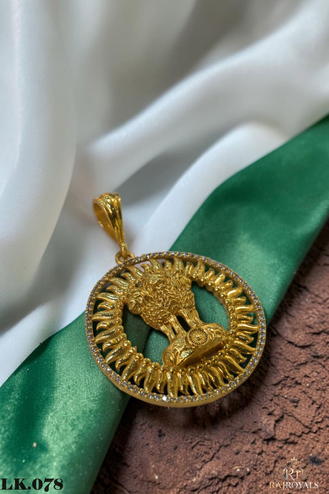 Ashoka Lion Capital Gold Plated Pendant Locket with CZ Stones Pendant for Men LK.078