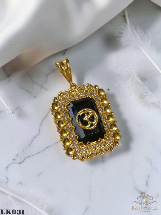 Vintage Shine Black Stone Om Logo Gold Plated Pendant For Men's LK.031